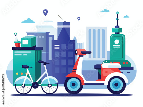 Smart delivery robot scooter and bicycle in modern cityscape for future logistics