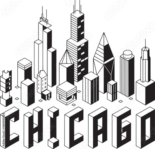 Isometric Chicago Skyline Illustration with Transparent Background for Modern Design Projects