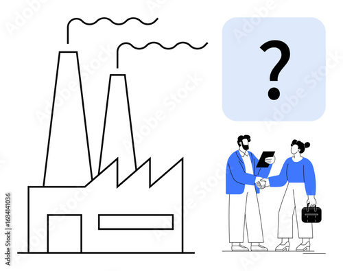 Factory building with smokestacks, two business professionals shaking hands, and question mark symbol. Ideal for industry, manufacturing, business partnerships, decisions, cooperation, contracts