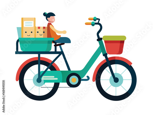 Woman rides cargo e-bike delivering packages with front and rear baskets
