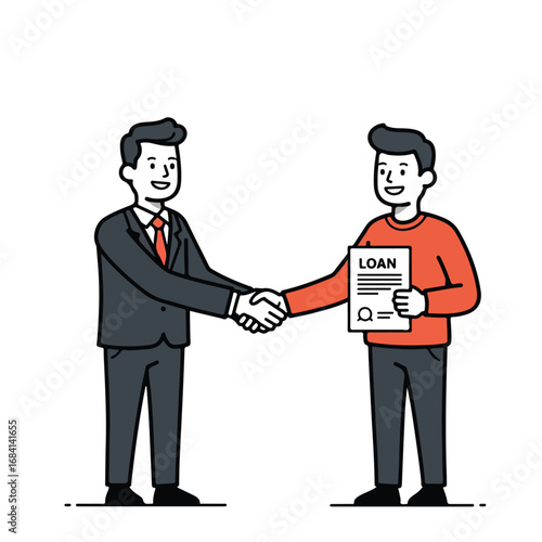 Two men shake hands One wears a suit the other holds a LOAN document
