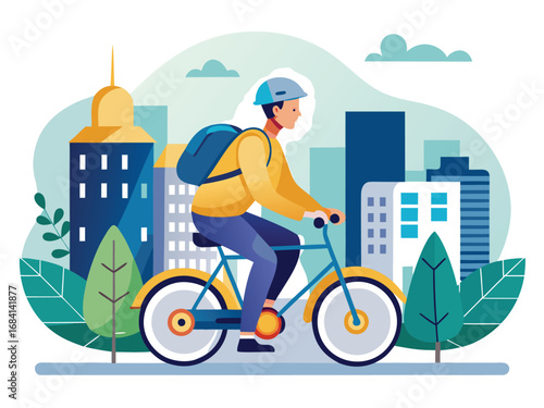 Urban commuter riding electric bicycle through cityscape with modern buildings and greenery