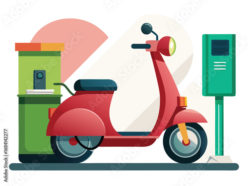 Modern electric scooter charging station with a sleek red scooter parked ready for use