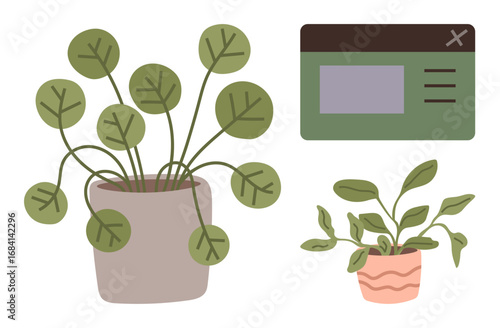 Green leaf plants in terra-cotta pots paired with a green user interface mockup showing a menu. Ideal for nature, eco-design, gardening, UI concept, simplicity, minimalism, simple flat metaphor
