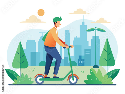 Man rides electric scooter through a park with city skyline behind him enjoying outdoor travel