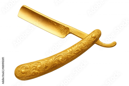 Vintage gold straight razor featuring intricate floral engravings, symbolizing classic barbering craftsmanship against transparent backdrop