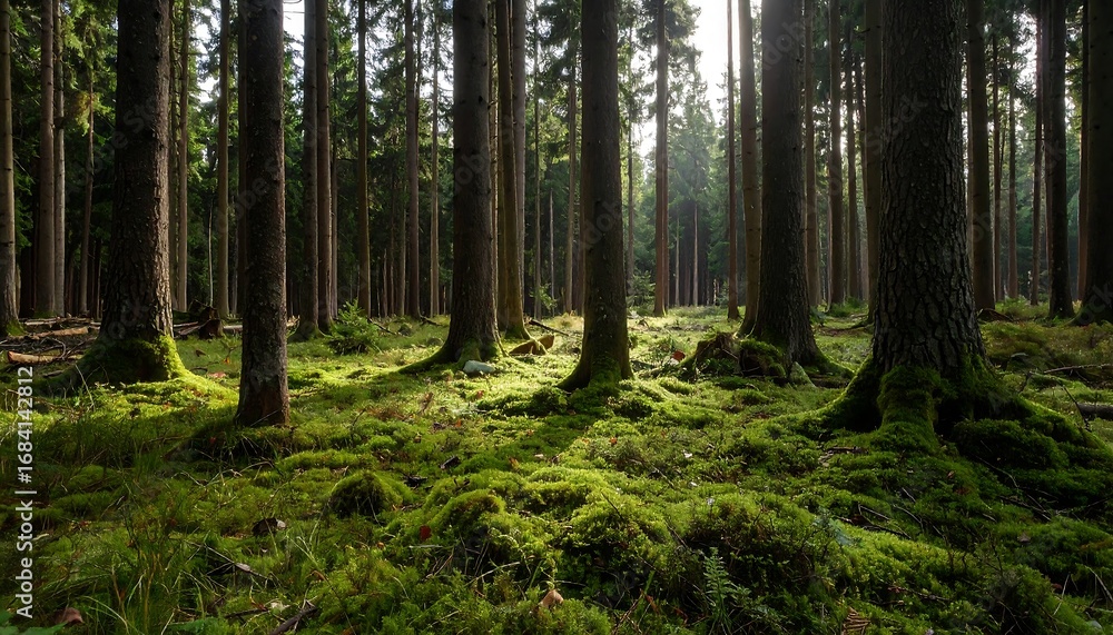 Fototapeta premium Sunlight filters through a dense forest, illuminating a carpet of vibrant moss at the base of towering trees.