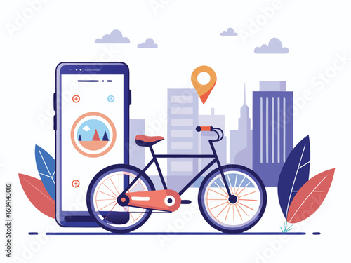 Smart city bike sharing app concept with modern urban transportation and technology integration