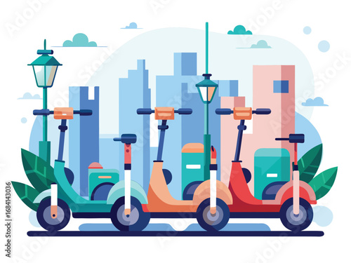 Modern urban electric scooters parked together ready for city transportation