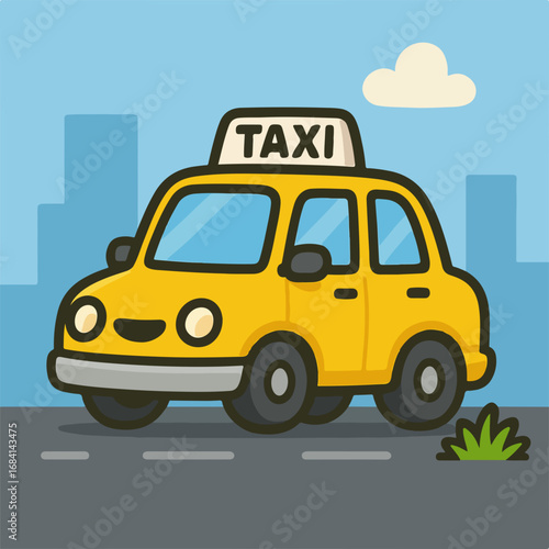 A cute yellow cartoon taxi cab with a smiling face driving on a city street with buildings in the background.