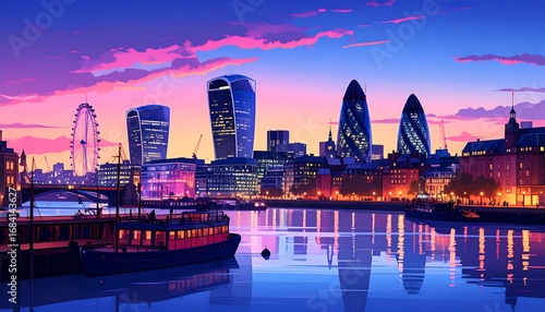 Cityscape at sunset over a river (1)