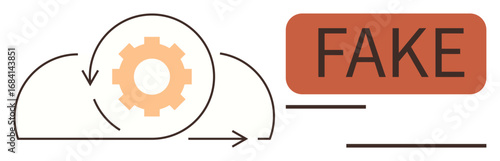 Gear inside circular arrows representing data processing next to large text label FAKE. Ideal for data verification, misinformation, fake news, automation, tech alertness, alerts, truth. Simple flat