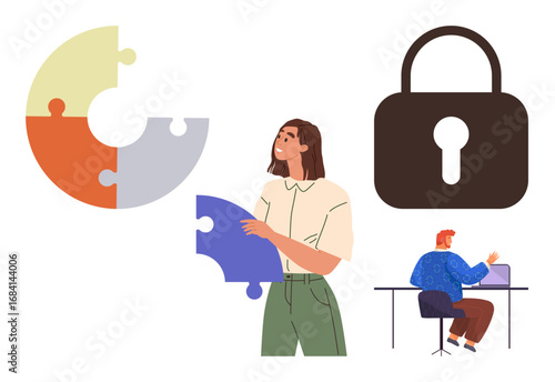 Woman assembling puzzle piece, large lock symbol conveying security, seated worker using a laptop. Ideal for teamwork, problem-solving, cybersecurity, strategy, collaboration, creativity and data