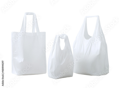 Three white plastic shopping bags of varying sizes, showing handles