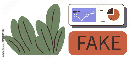 Data representation with charts and graphs alongside Fake label near green plant symbol. Ideal for misinformation, fraud, analytics, skepticism, environment, social justice, simple flat metaphor