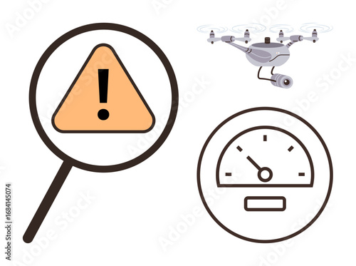 Quadcopter monitoring areas, magnified alert triangle with exclamation mark, speed gauge for control feedback. Ideal for technology, safety, surveillance, alerts, risk management, automation