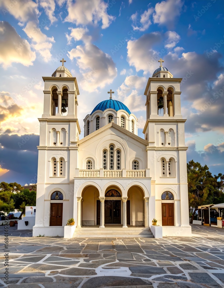 Fototapeta premium A beautiful white church with a vibrant blue dome stands on a paved courtyard under a dramatic sky filled with clouds at sunset.