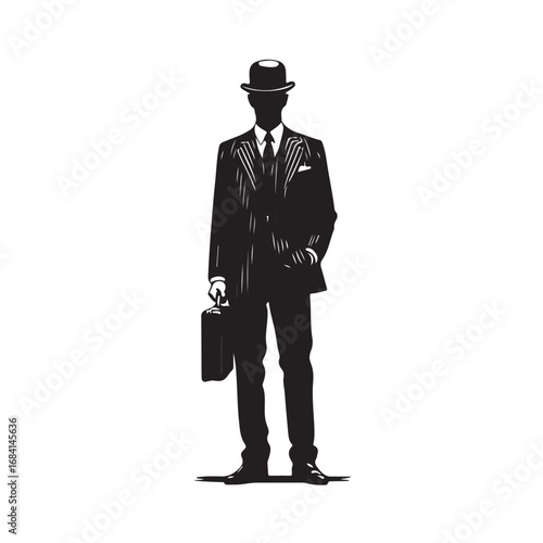 Black silhouette of a man in a suit and bowler hat holding a briefcase black and white