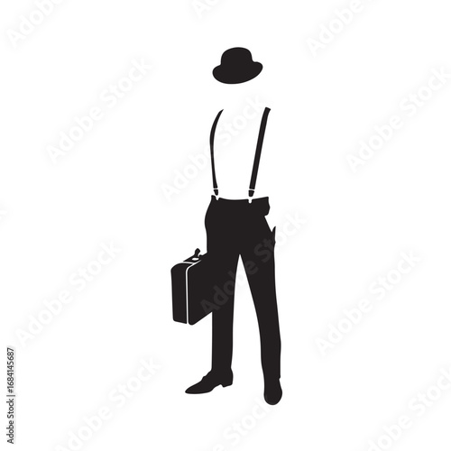 Black silhouette of a man in a bowler hat and suspenders holding a briefcase black and white