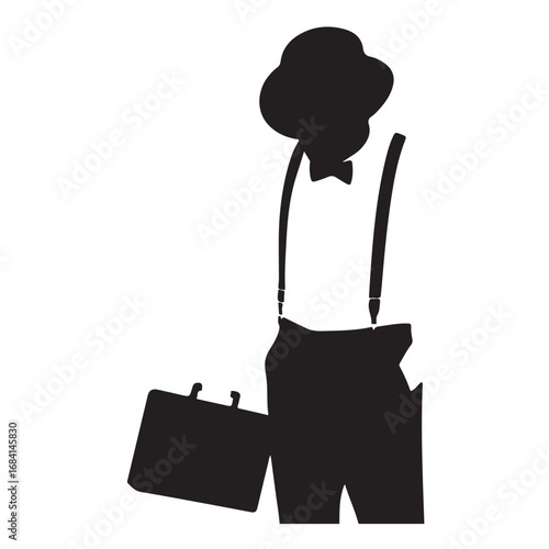 Black silhouette of a man in a bowler hat and suspenders holding a briefcase black and white 1