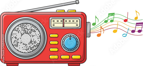 retro red radio broadcasting colorful musical notes