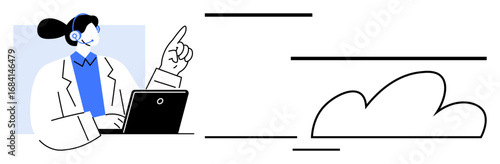 Female customer support specialist wearing headset, working on laptop, pointing to cloud concept. Ideal for customer service, remote work, technology, communication, cloud solutions, data management
