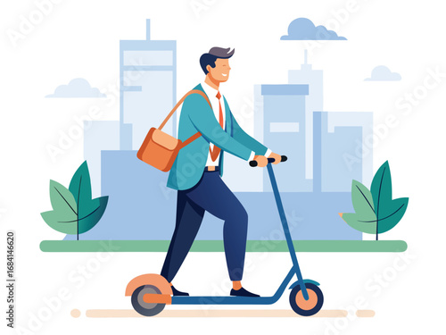 Businessman commutes to work on electric scooter in modern cityscape with skyscrapers and greenery
