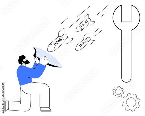 Person deflecting incoming DDOS missiles with a shield, representing cybersecurity. Nearby wrench and gears symbolize tools and mechanisms. Ideal for security, tech support, IT, online threats