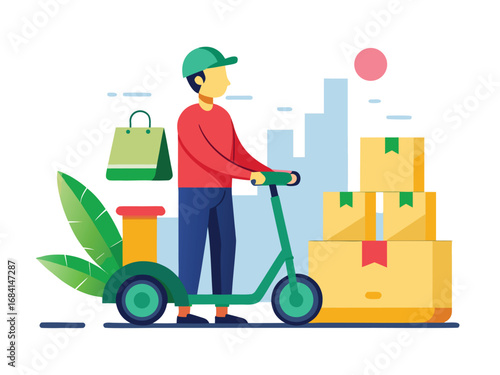 Delivery person on electric scooter bringing packages and shopping bag for fast logistics