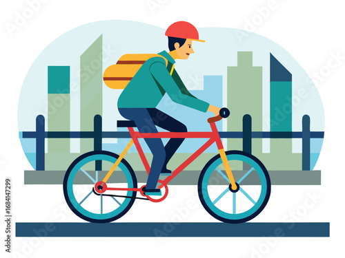 Safe e-bike rider cycling in city with backpack and helmet for urban mobility