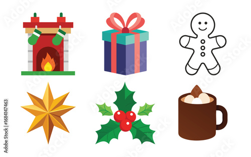 Vector art of collection of christmas icons including a fireplace with stockings, a gift box, a gingerbread man, a star, holly, and a mug of hot chocolate