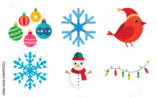 Vector art of collection of christmas icons including baubles, snowflakes, a robin, a snowman, and string lights