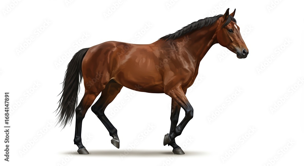 Fototapeta premium Realistic Brown Horse Walking Illustration on White Background
