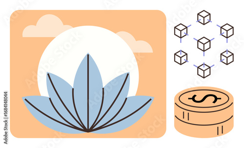 Lotus flower represents purity, blockchain nodes symbolize connectivity, and coin stack suggests digital currency. Ideal for finance, sustainability, innovation, technology, decentralization