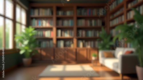 Blurred view of a modern home library with dark wooden bookshelves filled with books and green plants.