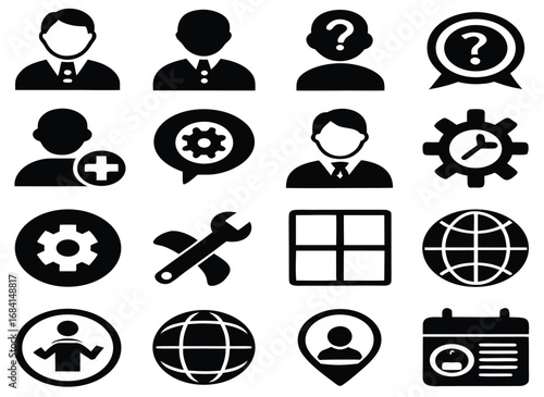 Black and white user interface icons: settings, support, profile, global, and calendar symbols.