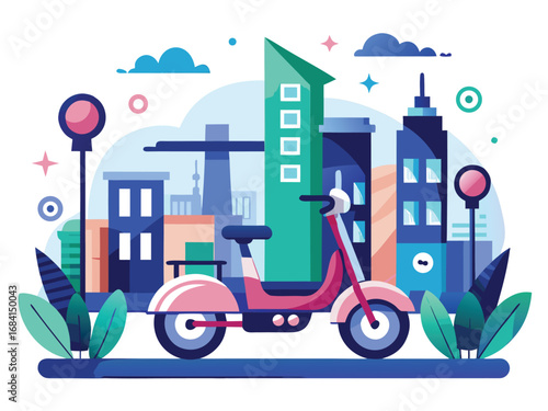Modern shared electric scooter in a vibrant cityscape with buildings and greenery