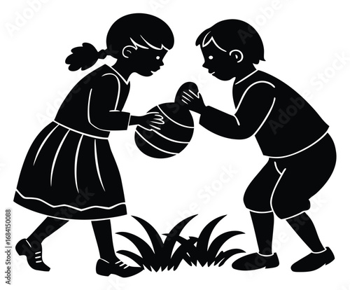 Silhouette of Children Sharing Easter Egg, Playful Vintage Style, Springtime Joy