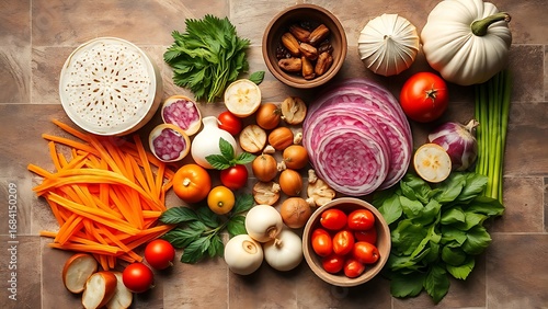 Assorted fresh Asian ingredients arranged on stone surface, top-down view.