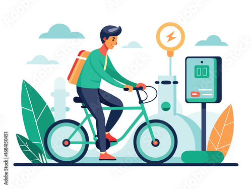 Man riding electric bicycle charging station green energy transportation lifestyle
