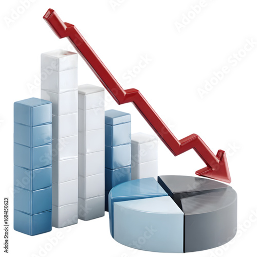 Financial Decline Represented by Bar and Pie Charts with Downward Arrow.