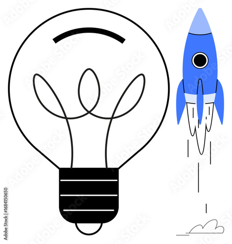 Light bulb and soaring rocket combining creativity and technological innovation. Ideal for startup growth, innovation, entrepreneurship, technology, creative ideas, progress, science concepts. A