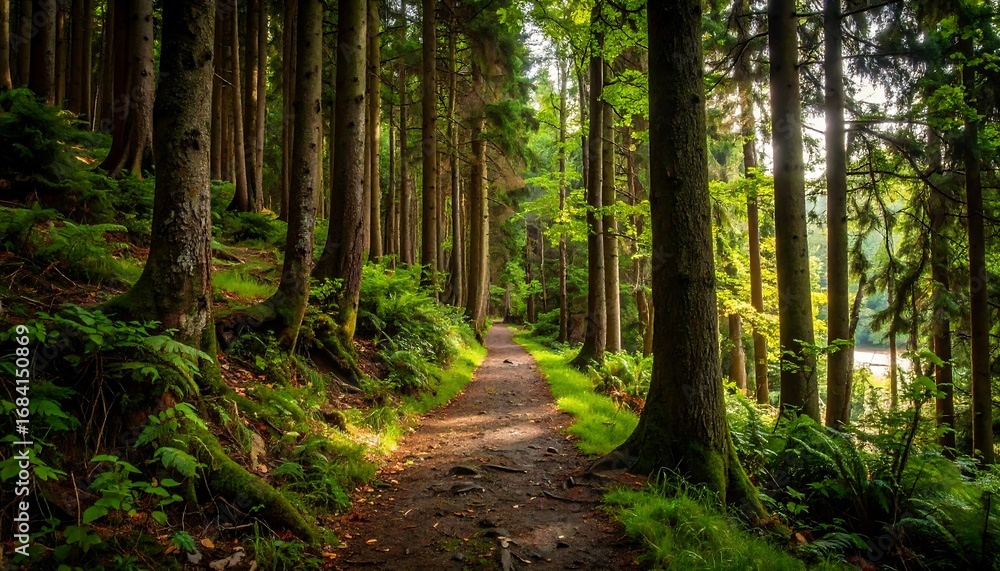 Fototapeta premium A sunlit path through a dense forest