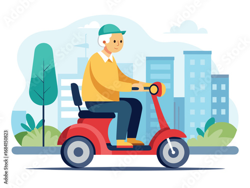 Elderly man rides red electric mobility scooter through city streets enjoying independent transportation