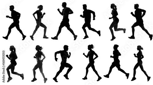 A collection of black silhouettes of men and women running.