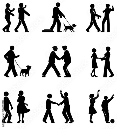 Set of black silhouette icons depicting human activities and interactions.