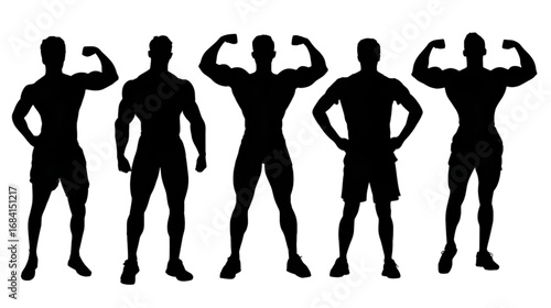 Set of five muscular male bodybuilder silhouettes.