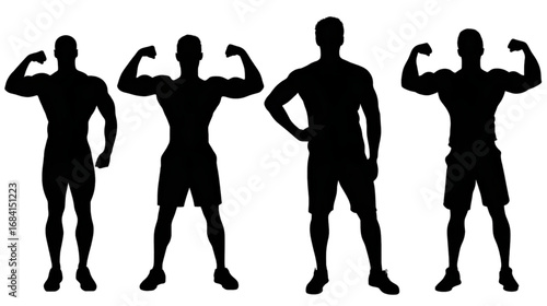 Set of four muscular male bodybuilder silhouettes posing.