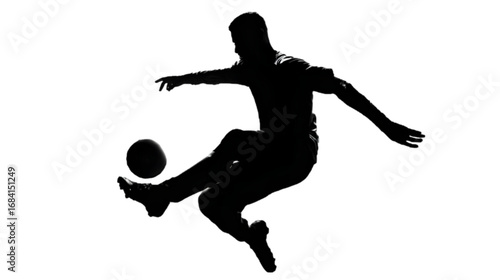 Dynamic black silhouette of a football player in mid air action.
