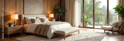 Luxurious master bedroom featuring a large, plush area rug that anchors the space and adds warmth Perfect for design inspiration and home decor blogs , comfortable, bohemian, jute rug